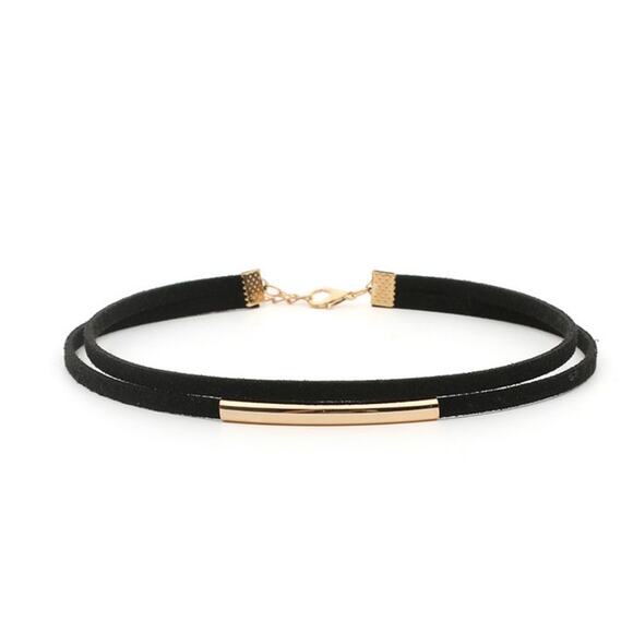 2/$30 Black Gold Choker Statement Necklace Metal Gold Tone Classic Vegan Leather - Picture 3 of 9